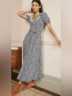 NEW Boden Floral Trim Lace Collar Jersey Midi Dress 8 Navy White Cottagecore